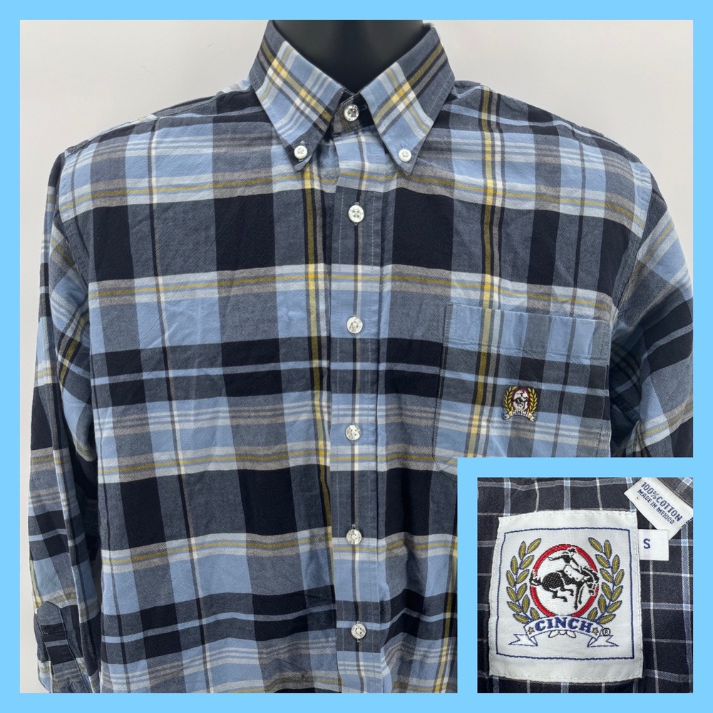 Vintage Cinch Mens Plaid Long Sleeve Button Down  Blue ‎ Size S Made in Mexico